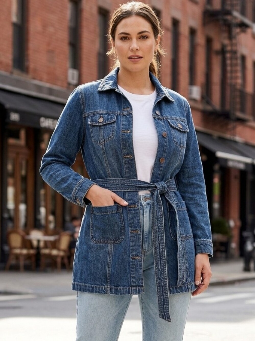 ARMOR JEANS Waist-Tie Denim Jacket - Dark Blue